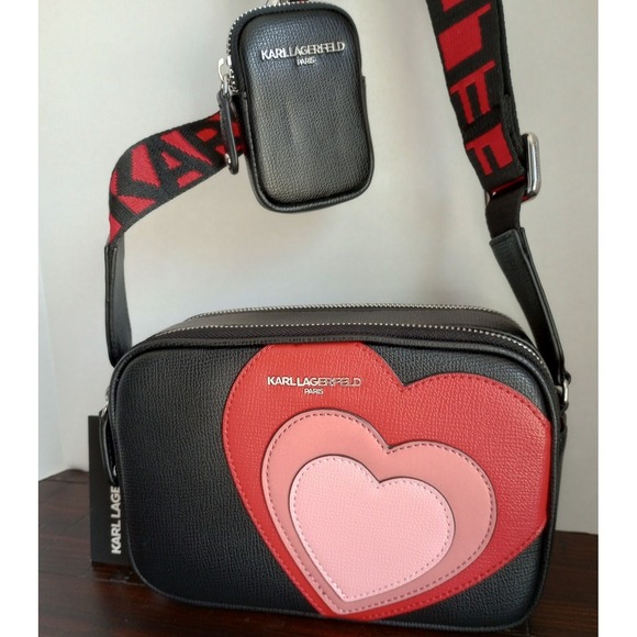 Karl Lagerfeld Paris Maybelle NWT Black Heart Red/Pink Crossbody W/Coin Pouch - Picture 3 of 8